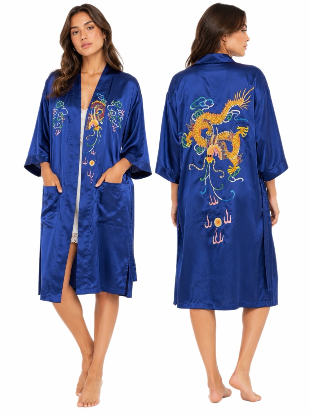 70s European Vintage Import Chinese Dragon Embroidery Satin Kimono Robe O/S